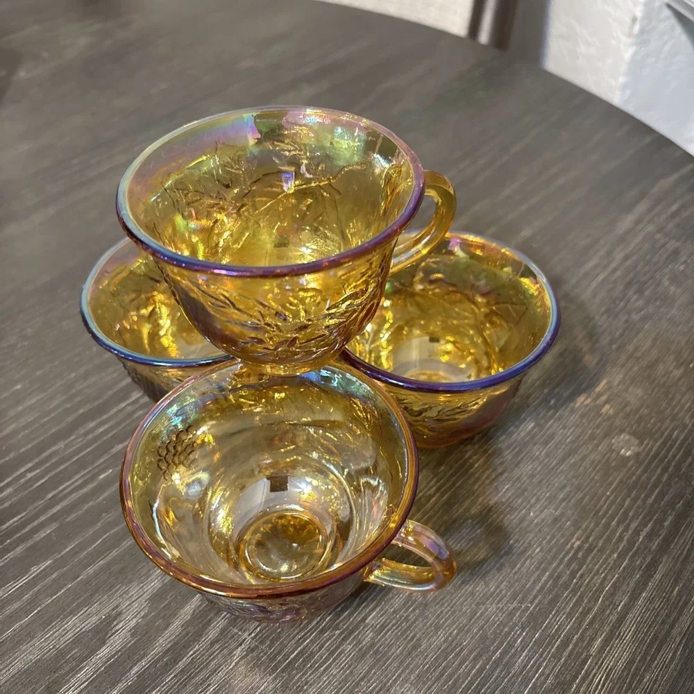 INDIANA GLASS CARNIVAL PRINCESS GRAPE HARVEST Iridescent Amber‎ Cups set of 4